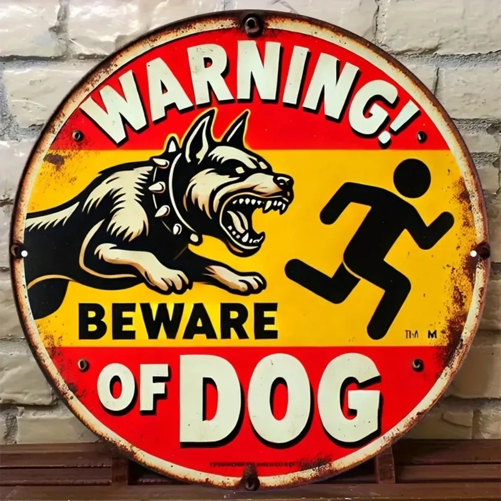 2D Flat Warning Beware of Dog Wooden Sign, Vintage Rustic Retro Wall Art, Angry Guard Dog with Running Man Plaque for Garage, Ho
