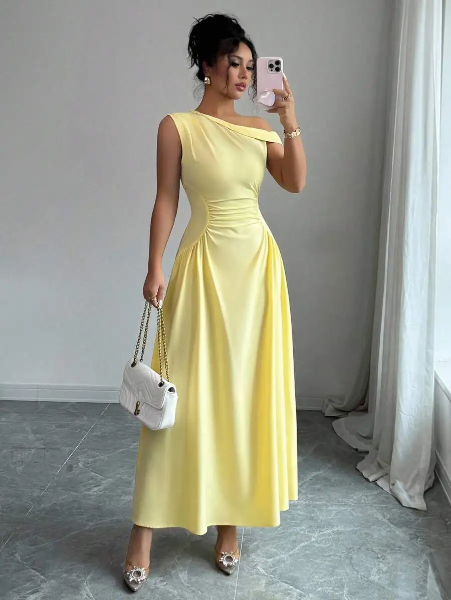 

Women's Solid Yellow Asymmetrical One-Shoulder Sleeveless Midi Dress with Ruched Waist
