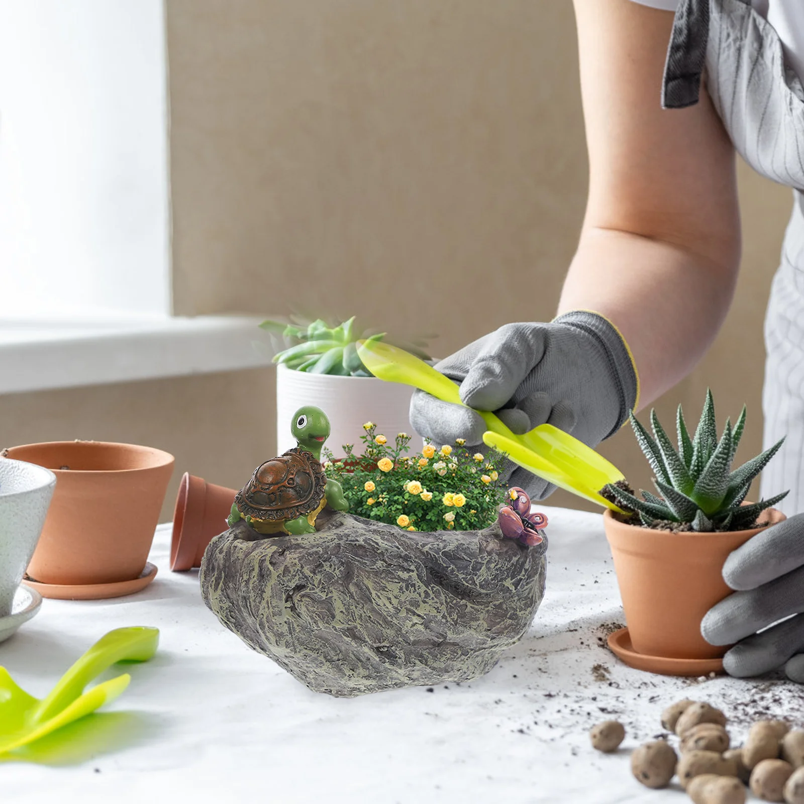 

1pc Stone Flowerpot Ornament Turtle Design Resin Craft Planter For Home Garden Office Balcony Outdoor Courtyard Decor