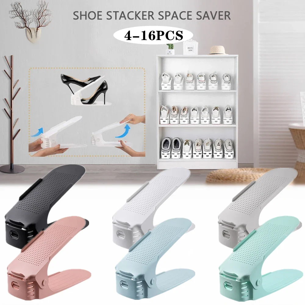 

4-16Pcs Shoe Slots Organizer, Adjustable Double Layer Stack Shoe Holder, Space-Saving Shoe Support Rack for Closet Organization