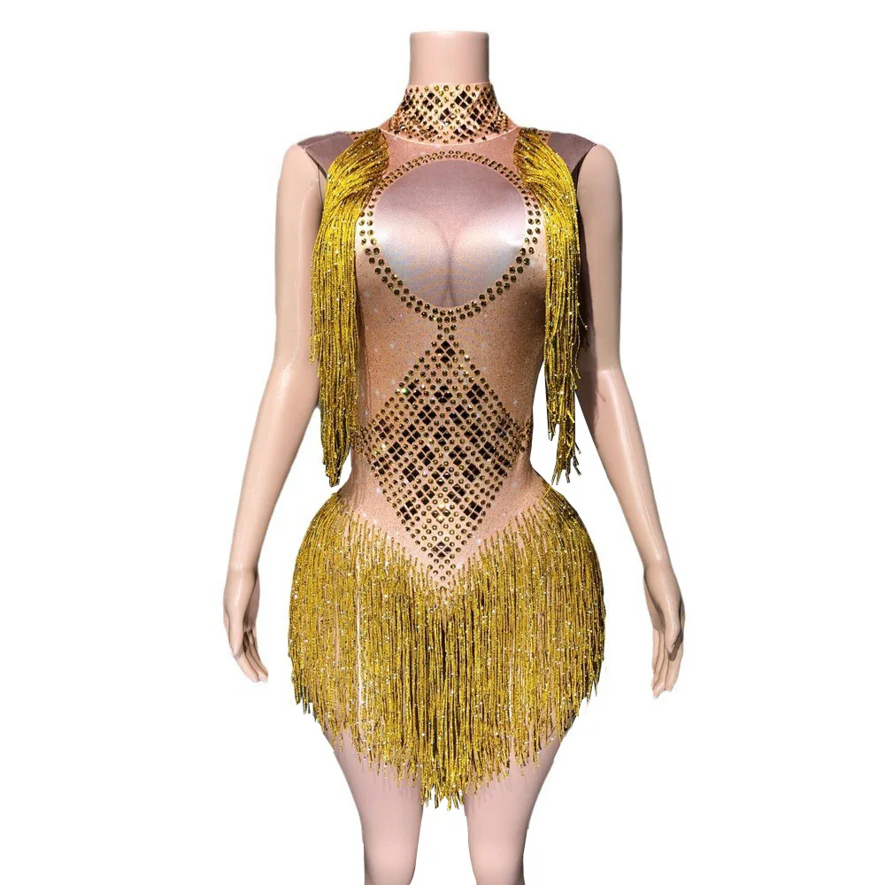 Glam Multi-colored Rhinestone Fringed Zipper Sleeveless Nightclub Dance Skirt Flash Diamond Women Dresses For Party And Wedding