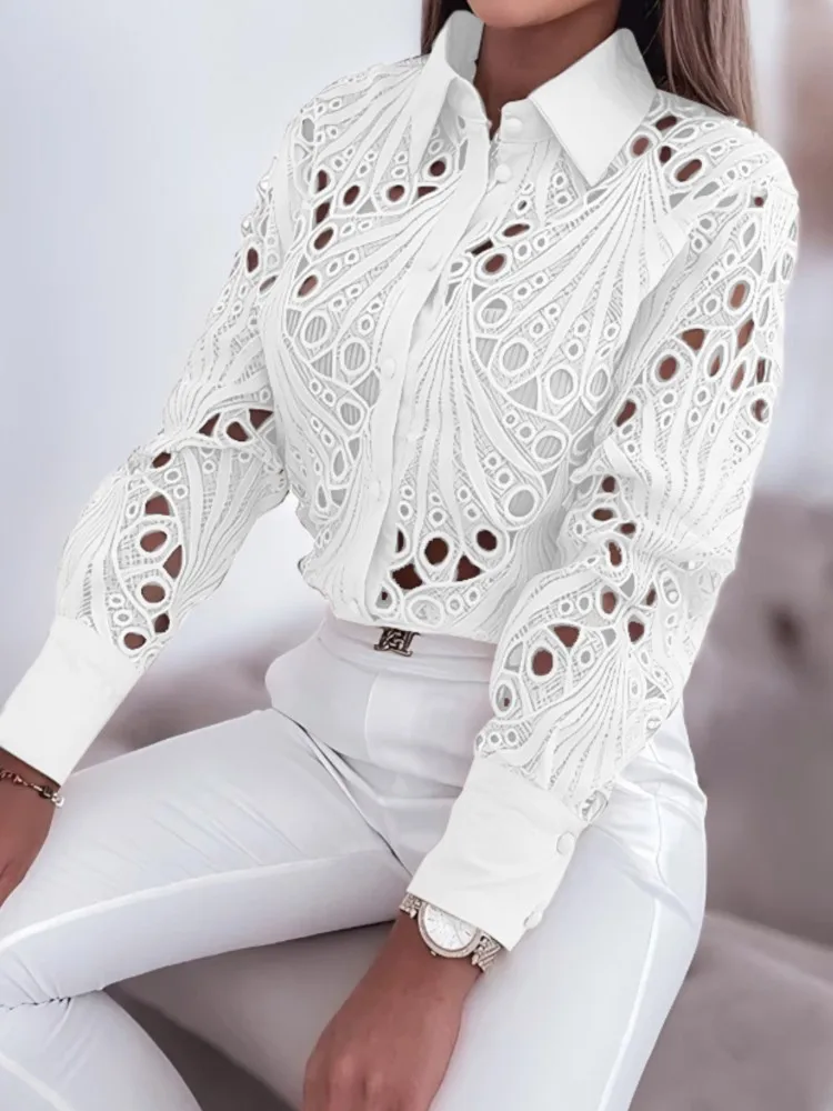 

Casual Solid Tops Shirt Lady Fashion Sexy Hook Flower Hollow Long Sleeve Elegant Tops Shirt For Women Spring New Womens Clothing