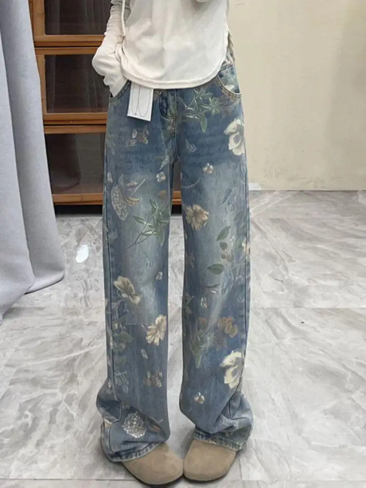 Calça jeans retrô feminina e masculina com estampa floral reta, larga e larga, casual para casais, moda americana de hip-hop Y2K