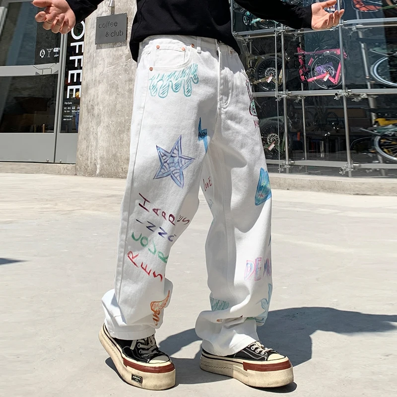 

K 116808 Graffiti Hipster Printed Lightning Jeans Straight Pair Classic Trend Men's Denim Trousers