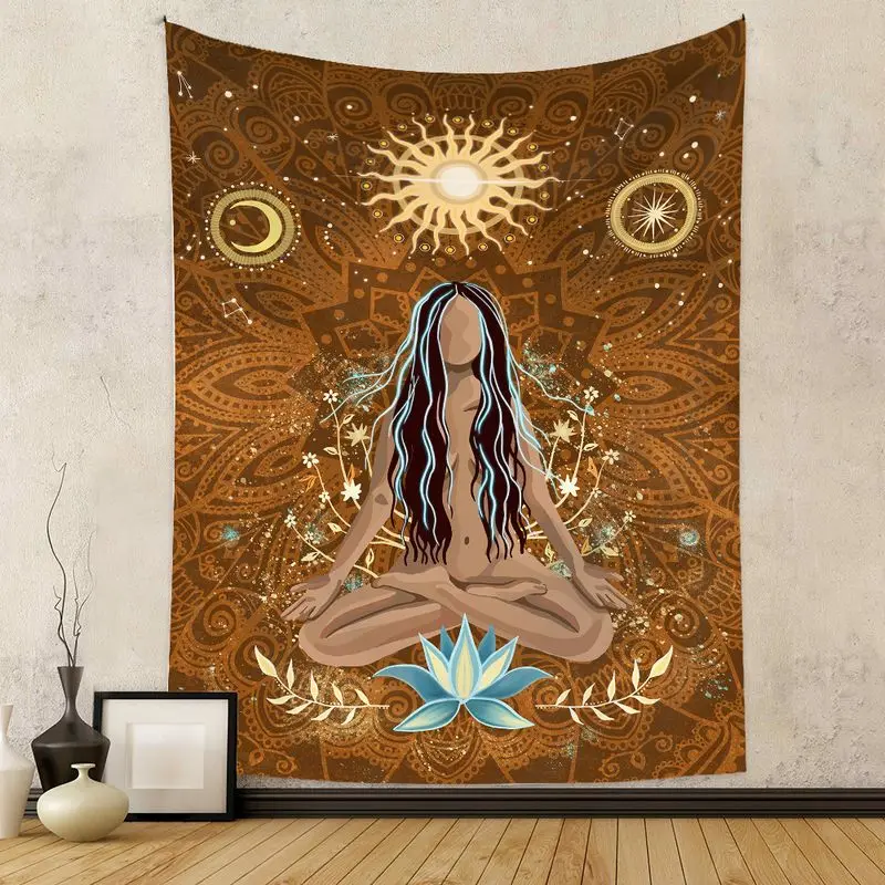 VIKAMA Boho Tapestry Sun Moon Mandala Meditating Goddess Lotus Rust Gold Soft Zen Spiritual Wall Hanging Home Decor