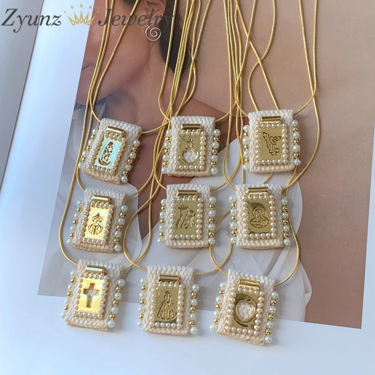 5pcs, Rectangle Religious Pendant Necklace Gold Color Woven Jewelry Wholesale Metal Charms