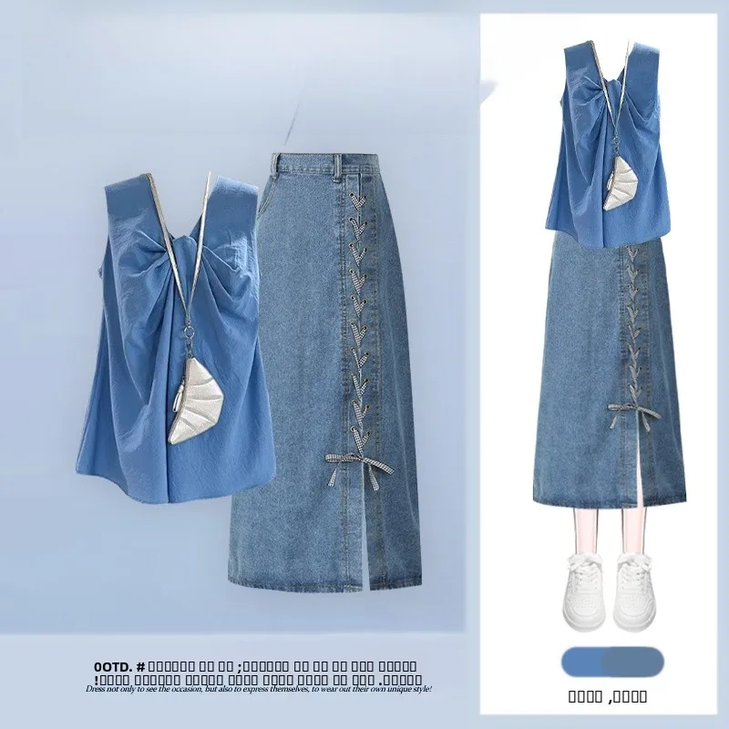 Korean Sle Summer Outfit Women's V-ne Knot Top And Denim Skirt Two-piece Set Faionable And Unique Design for Young Ladies