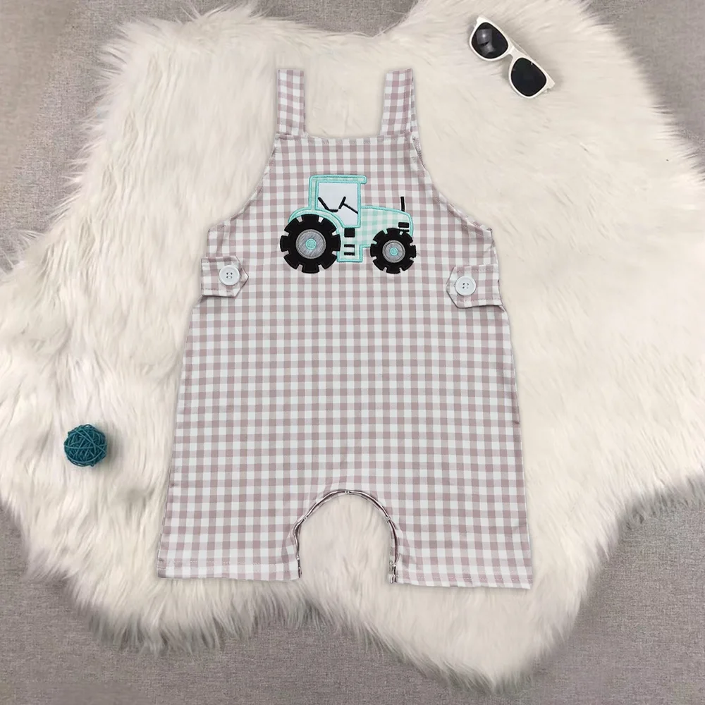 

Baby Infant Boys Straps Tractor Khaki Chekered Summer Farm Rompers