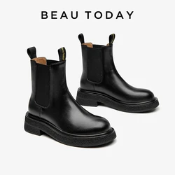 BEAUTODAY Chelsea Boots Women Calfskin Leather Solid Color Round Toe Slip-on Elastic Band  Ladies Ankle Shoes Handmade 03A46