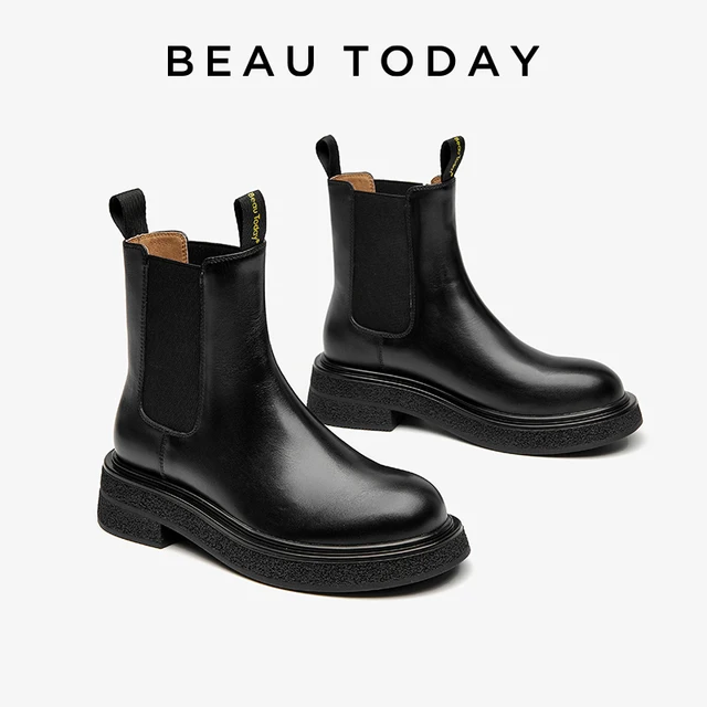 BEAUTODAY Chelsea Boots Women Calfskin Leather Solid Color Round Toe Slip-on Elastic Band Ladies Ankle Shoes Handmade 03A46