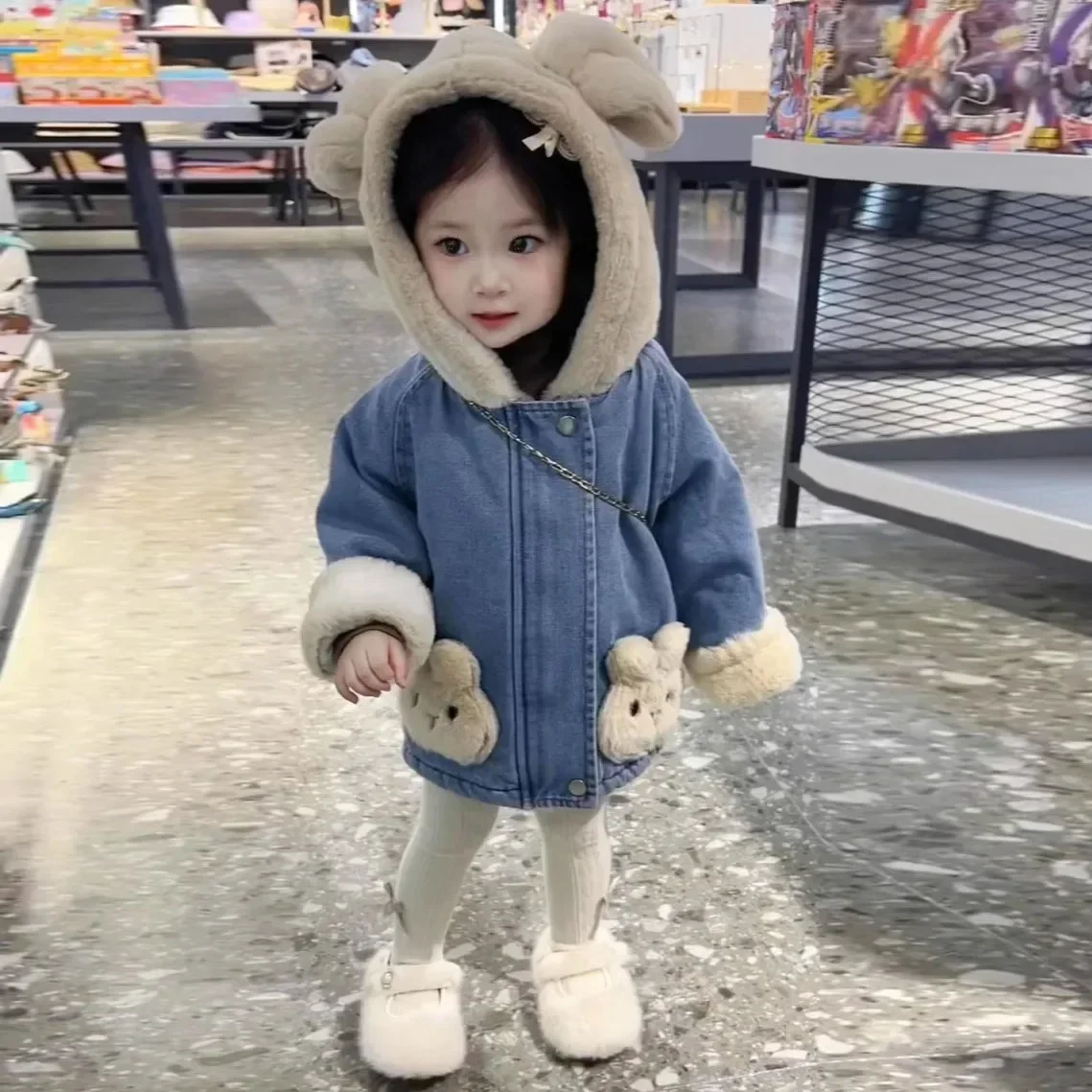 2-8T Toddler Kid Baby Girl Winter Clothes Plush Warm Infant Hooded Coat Thick Velvet Childrens Jackets Rabbit Outwear Outfit