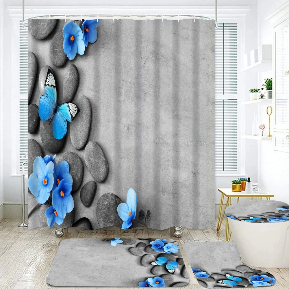 180*180cm Shower Curtain Grey Blue Butterfly Rose Flowers Bathroom Curtains Set Bath Mats Rugs Toilet Lid Cover Anti-slip Carpet