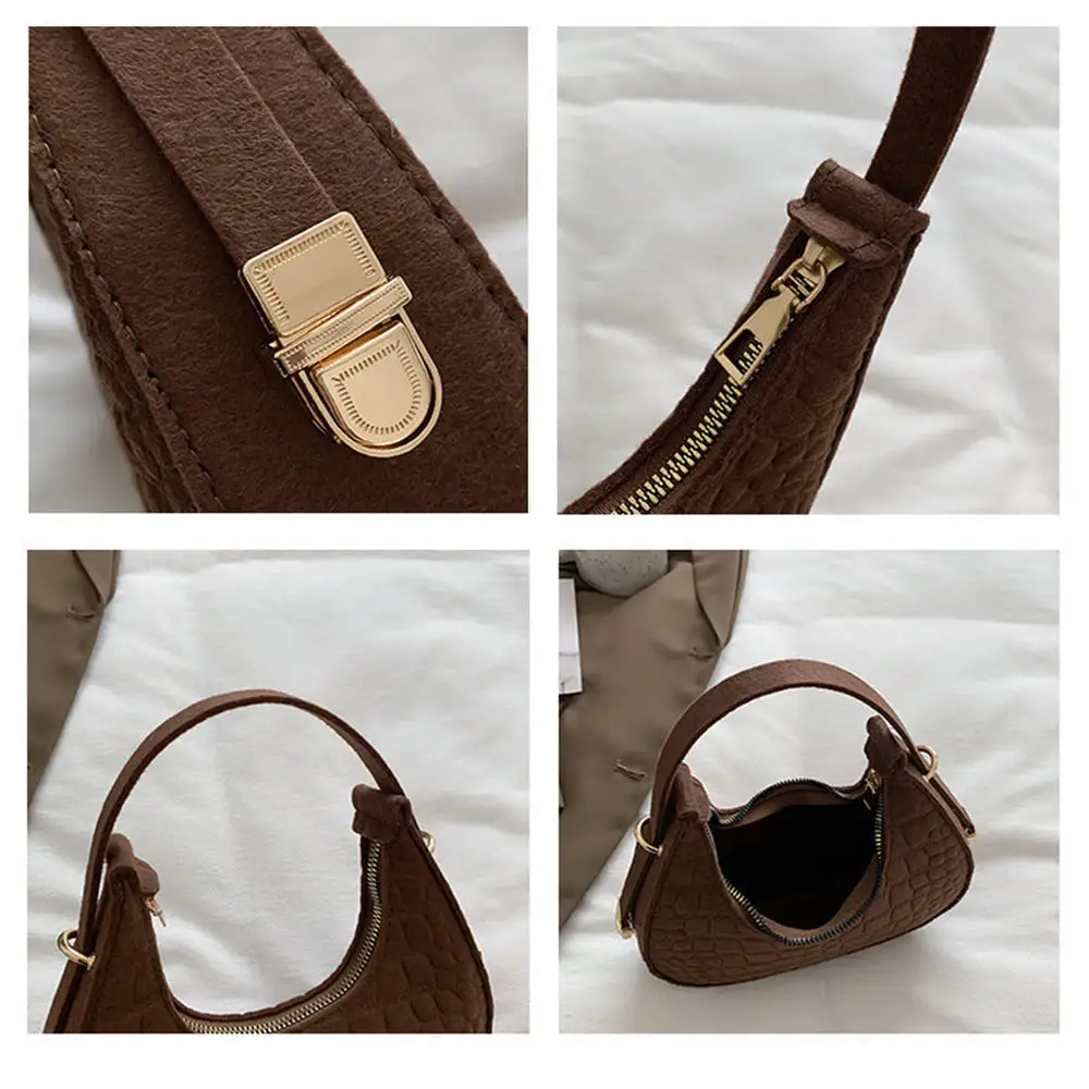 Sac sous les bras croissant pour femme, sacs initiés en feutre, sac de poignet de luxe, pochette sous les bras pour femme, document solide, nouvelle tendance, automne et hiver