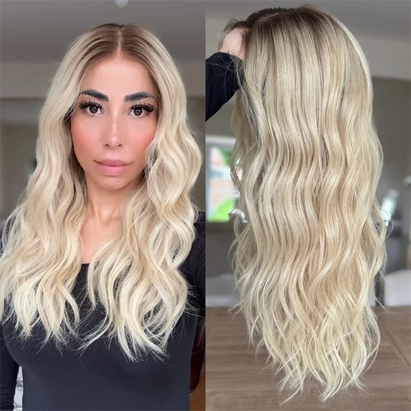 High Quality Wig Free Part 13x4 Ombre Blonde Colored Synthetic HD Lace Front Wig with Roots Preplucked Hairline Party Daily Wigs