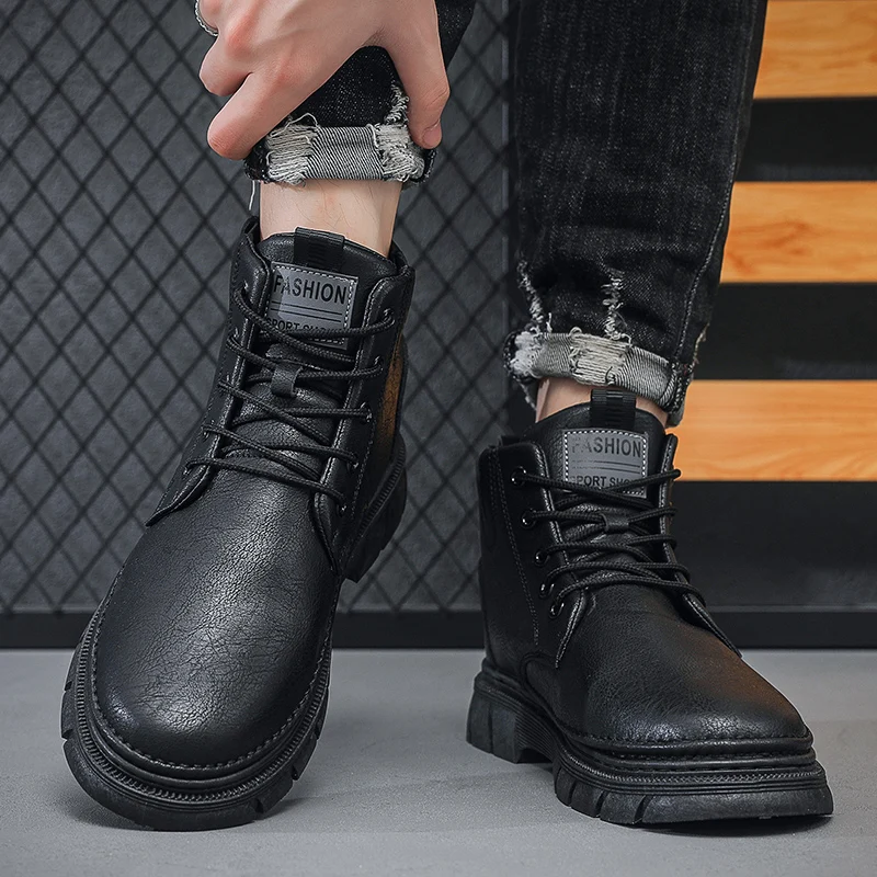 Men Motorcycle Boots Vintage Solid Outdoor Comfortable Walking Boots Casual Versatile High Top Shoes Ankle Flat Boots Male 39-44