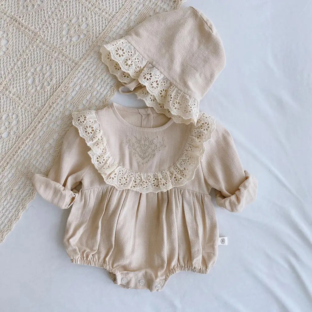 Spring Baby Girl Romper+Hat Bodysuit Outfits Long Sleeve 2Pcs Outfits Cotton Linen Lace Ruffles Girls Kids Clothing 0-24M