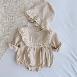 Spring Baby Girl Romper+Hat Bodysuit Outfits Long Sleeve 2Pcs Outfits Cotton Linen Lace Ruffles Girls Kids Clothing 0-24M