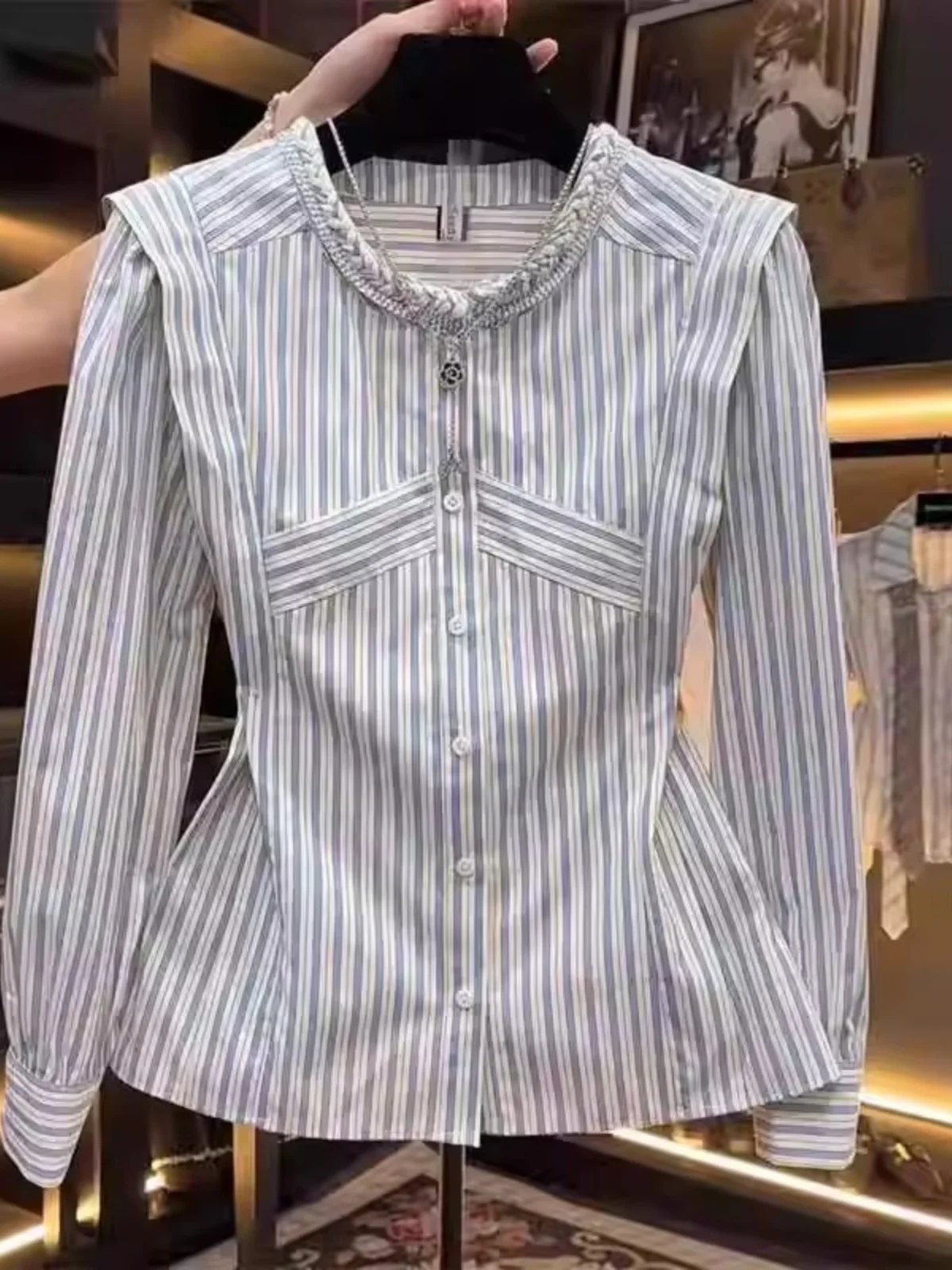 

Женская повседневная полосатая блузка с длинным рукавом, круглым вырезом, больших размеров, осенняя новинка, однотонная, повседневный топ с высокой талией