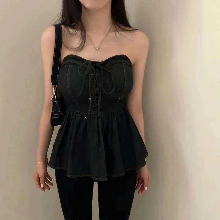 Sexy Strapl Denim Vest Top Women's Spring Summer Slim Fit Trendy Korean Sle Hot Girl Design Binding Waist Wrap Chest