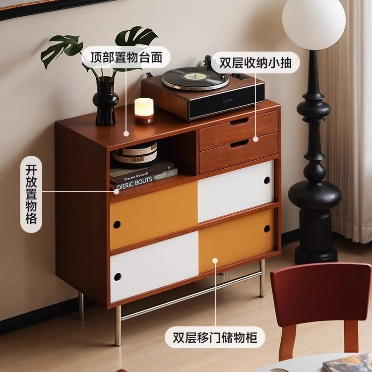 Nordic solid wood dining side cabinet, household living room color matching sliding door locker