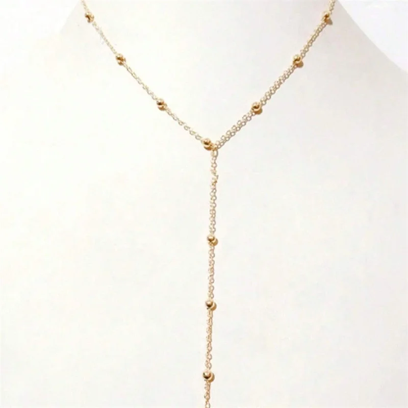 Vintage Goldfarbene Lange Ketten-Halsketten für Frauen Einfache Metallische Geometrische Perlen-Quasten-Choker Party Ästhetischer Schmuck – Detail 3