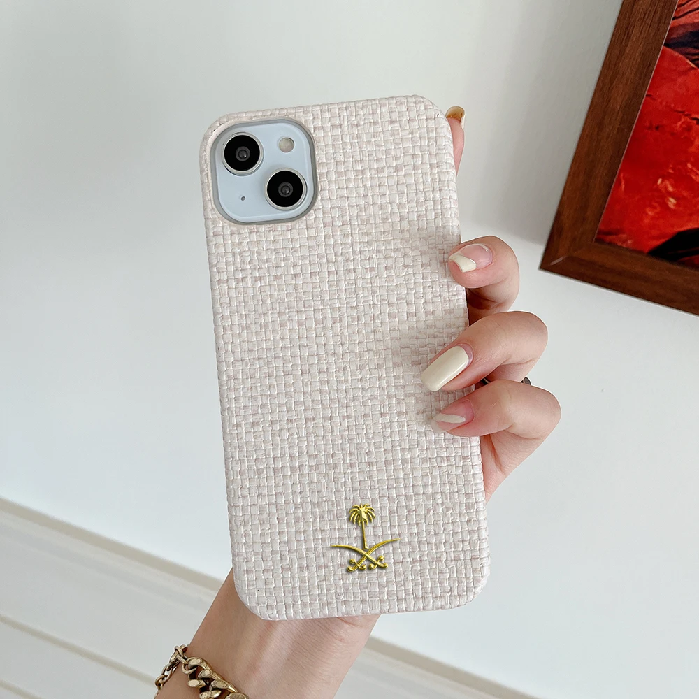 Luxury relief woven pattern 3D metal coconut tree Phone Cover Case For Iphone 15 14 13 12 11 pro max leather hard Coque Fundas