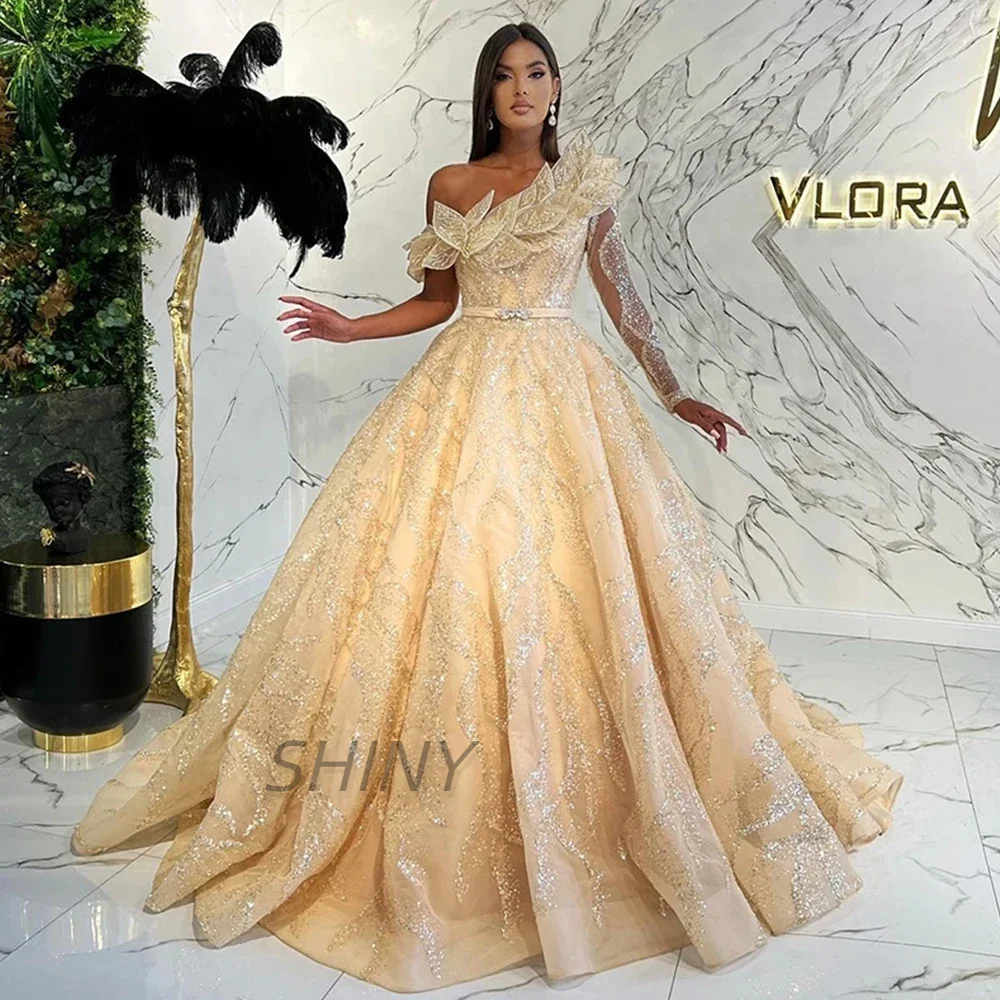 Vestido de noche de lujo personalizado para mujer, elegante, brillante, brazalete rotador único, calcomanía de encaje, línea A, vestido de baile de princesa, moda 2024