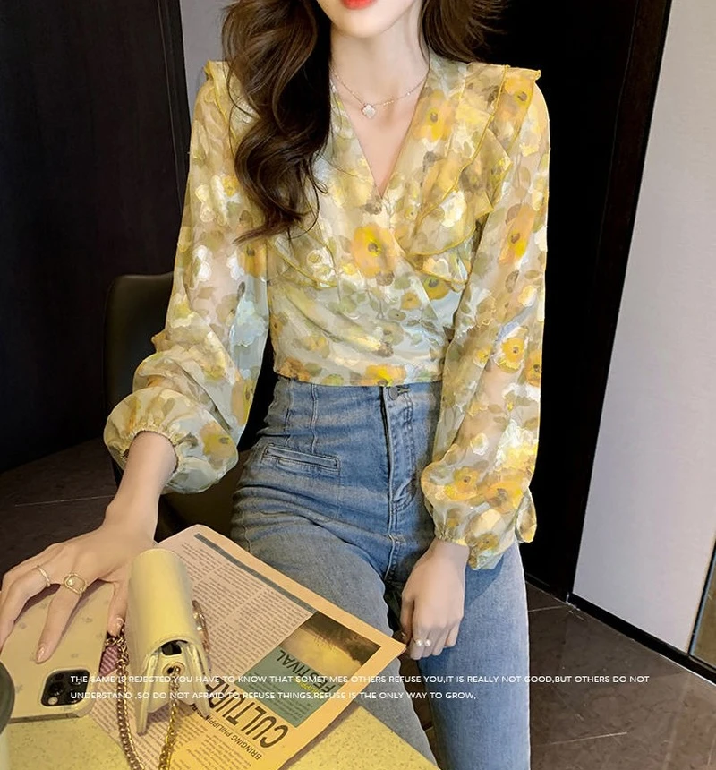 Top For Woman Chiffon Clothing Floral With Bow Women's Shirts And Blouses Long Sleeve Ruffle Frill Offer Stylish M Xxl Y2k