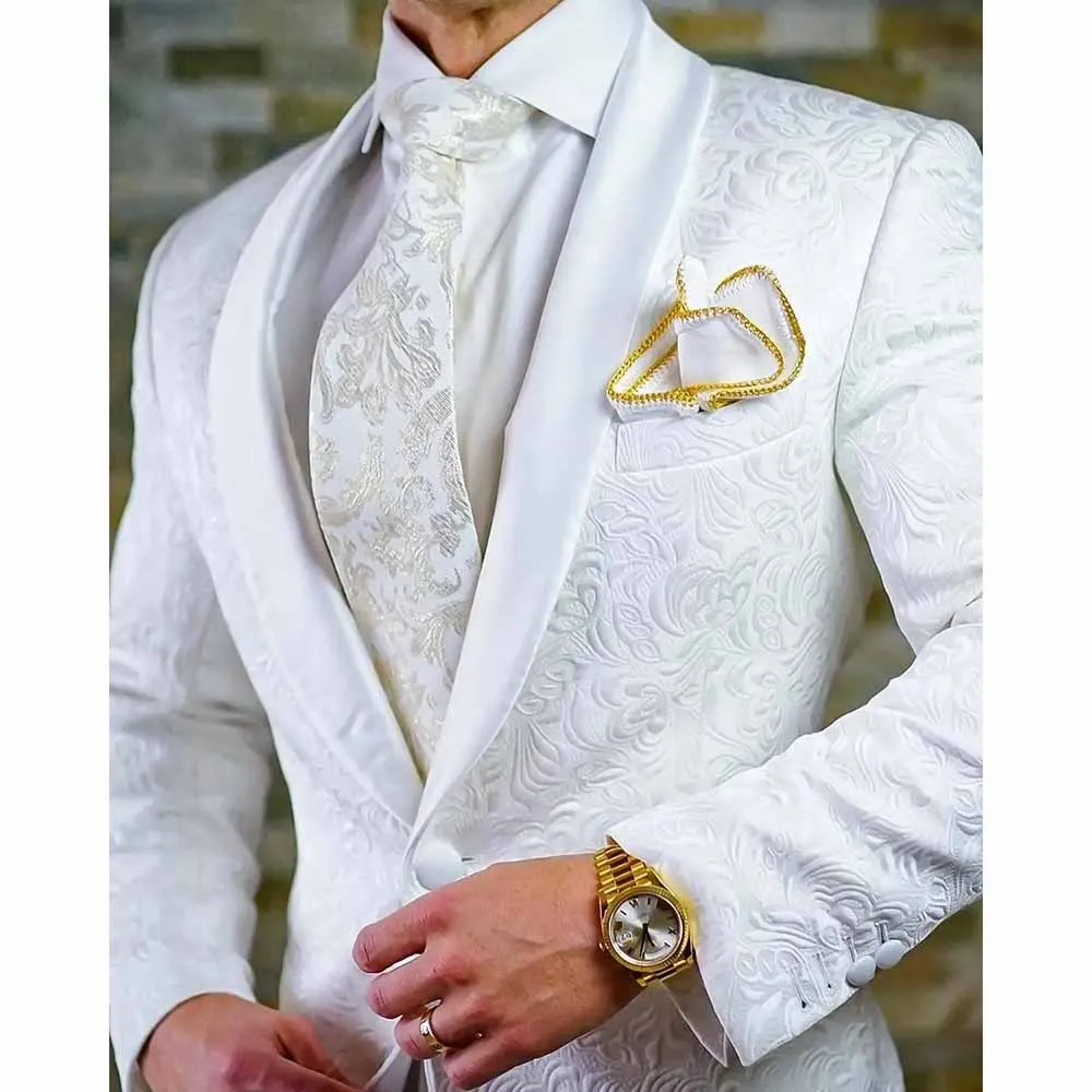 

Elegant Wedding Blazer White Jacquard Fabric Regular Length Gentlemen Outfits Shawl Lapel Single Breasted 2 Piece Jacket Pants