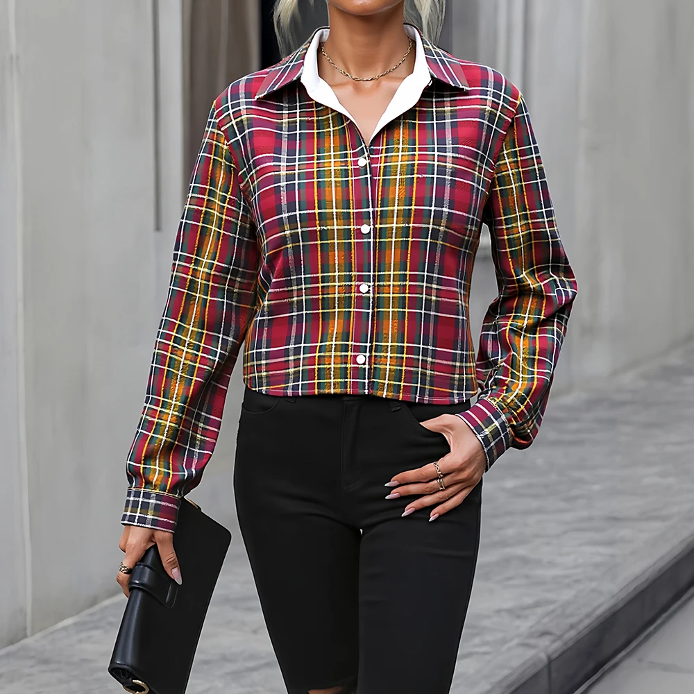 

Mia Muse Select Autumn Shirts 2025 Women's Chic Comfortable Plaid Long Sleeve Shirt Collar Fitting Slim Dating Shirts
