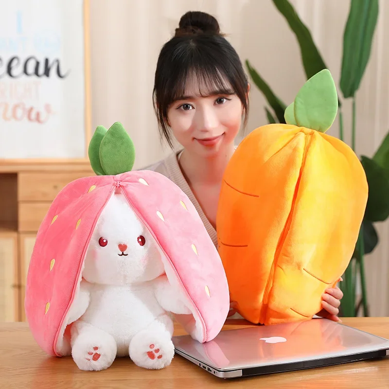 15cm Creative Funny Doll Carrot Rabbit Plush Toy Stuffed Soft Bunny Hiding in Strawberry Bag Toys for Kids Girls Birthday Gift