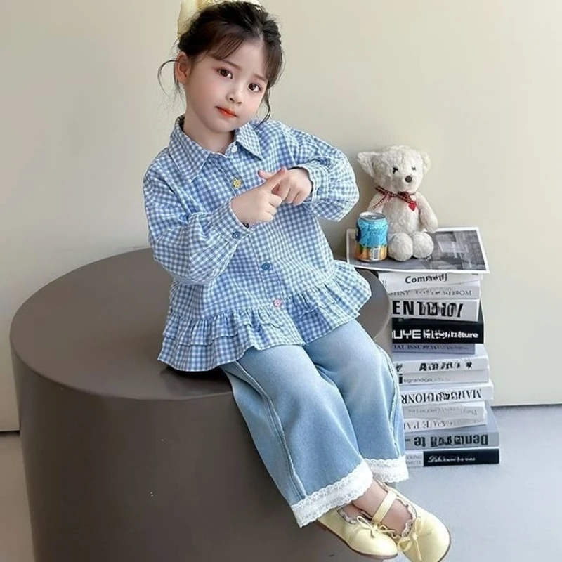 2026 Girls Plaid Shirt Sweet Ruffle Collar Autumn Tops Kids Fashion Children Blouse 3