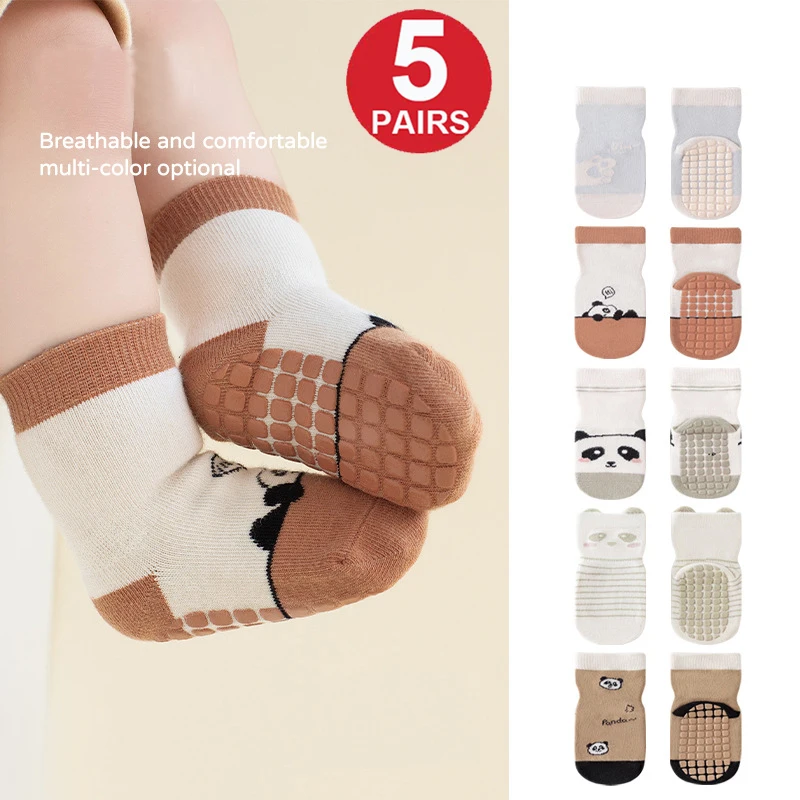 5Pairs Cute Baby Girls Boys Toddlers Non Slip Socks Anti Skid Kids Cotton Ankle Grip Floor Grip Walking Socks Spring Auntumn