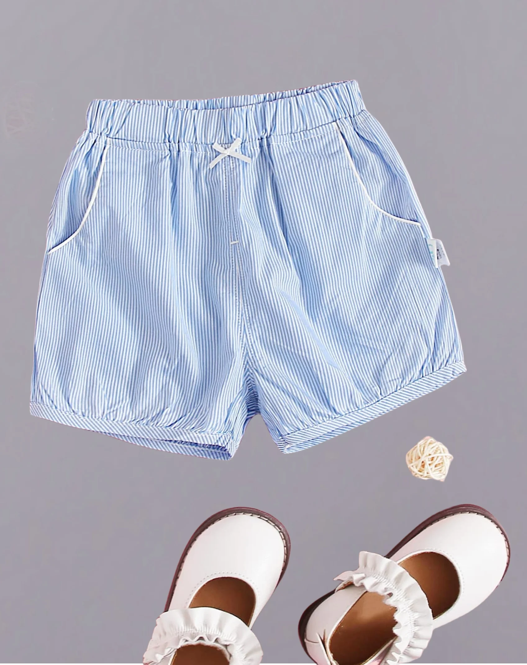 

Girls' summer blue and white striped casual shorts - comfortable elastic belt design