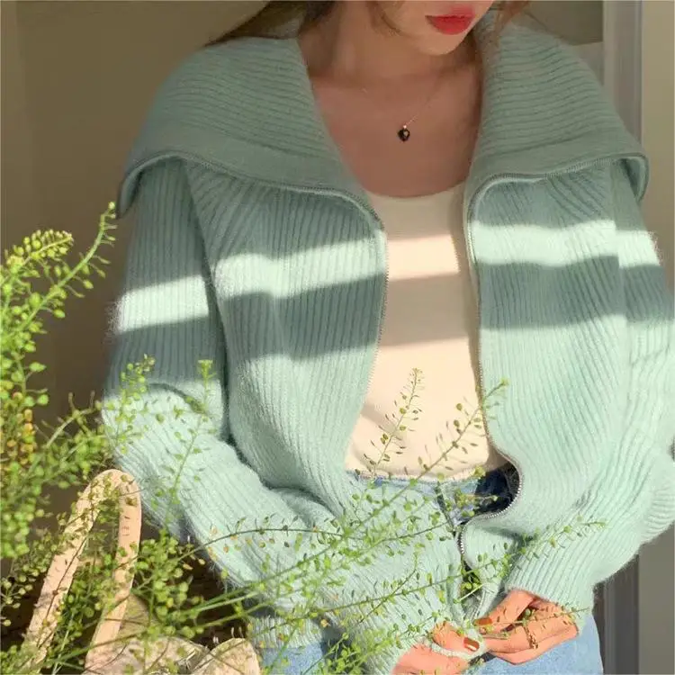 2024 Big Collar Solid Color Zipper Lazy Sweater Coat Autumn/Winter New Casual Knitted Cardigan for Women