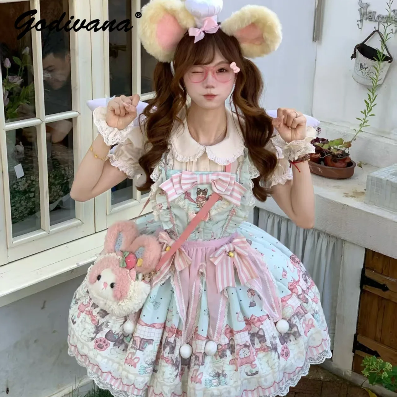 الأصلي الجديد الربيع والصيف لطيف القط الكرتون لوليتا فستان فتاة المرأة سليم Jsk وقصيرة الأكمام فساتين OP #3