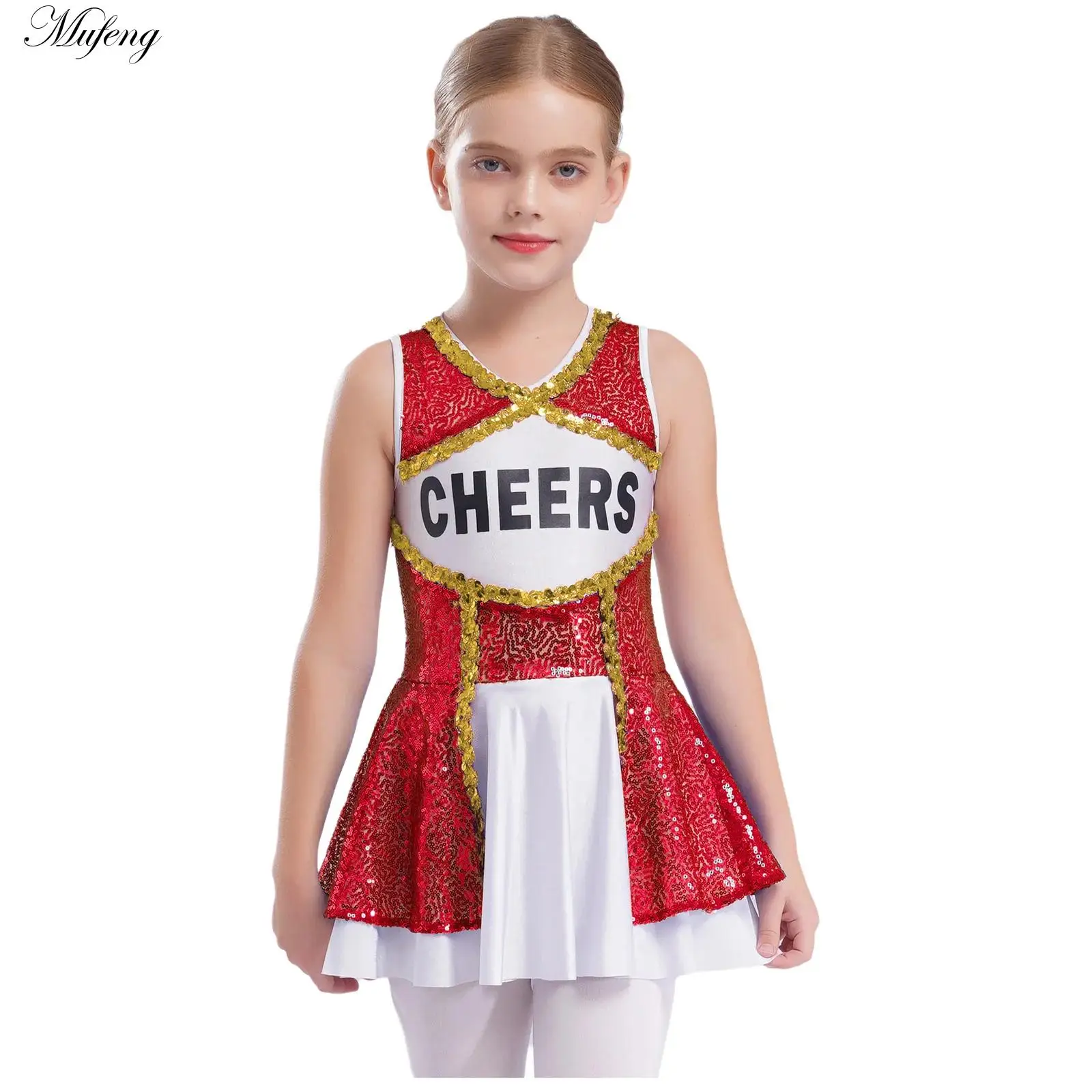 

Girls Cheerleading Dance Dress Football Matches High School Uniform Sleeveless Sequins Dress Halloween Performance Costume