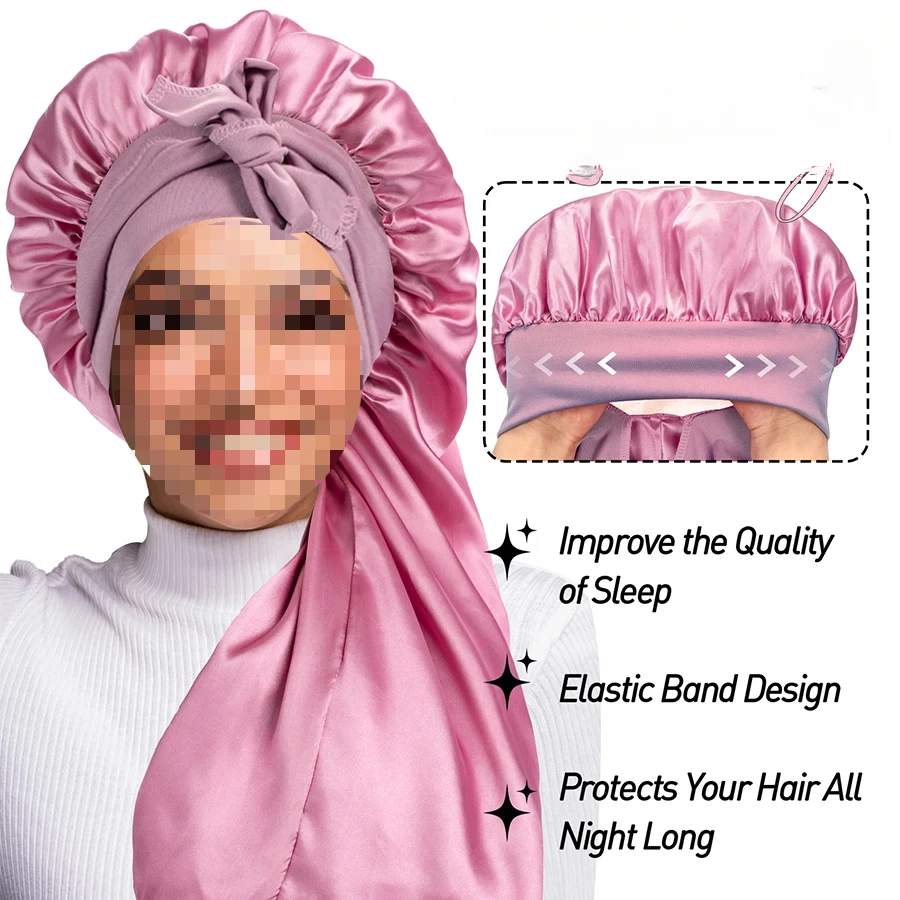 

Extra Large Hair Long Silk Bonnet Cap With Elastic Satin Hair Band Comfortable Head Cover Night Sleep Hat For Sleeping Shower