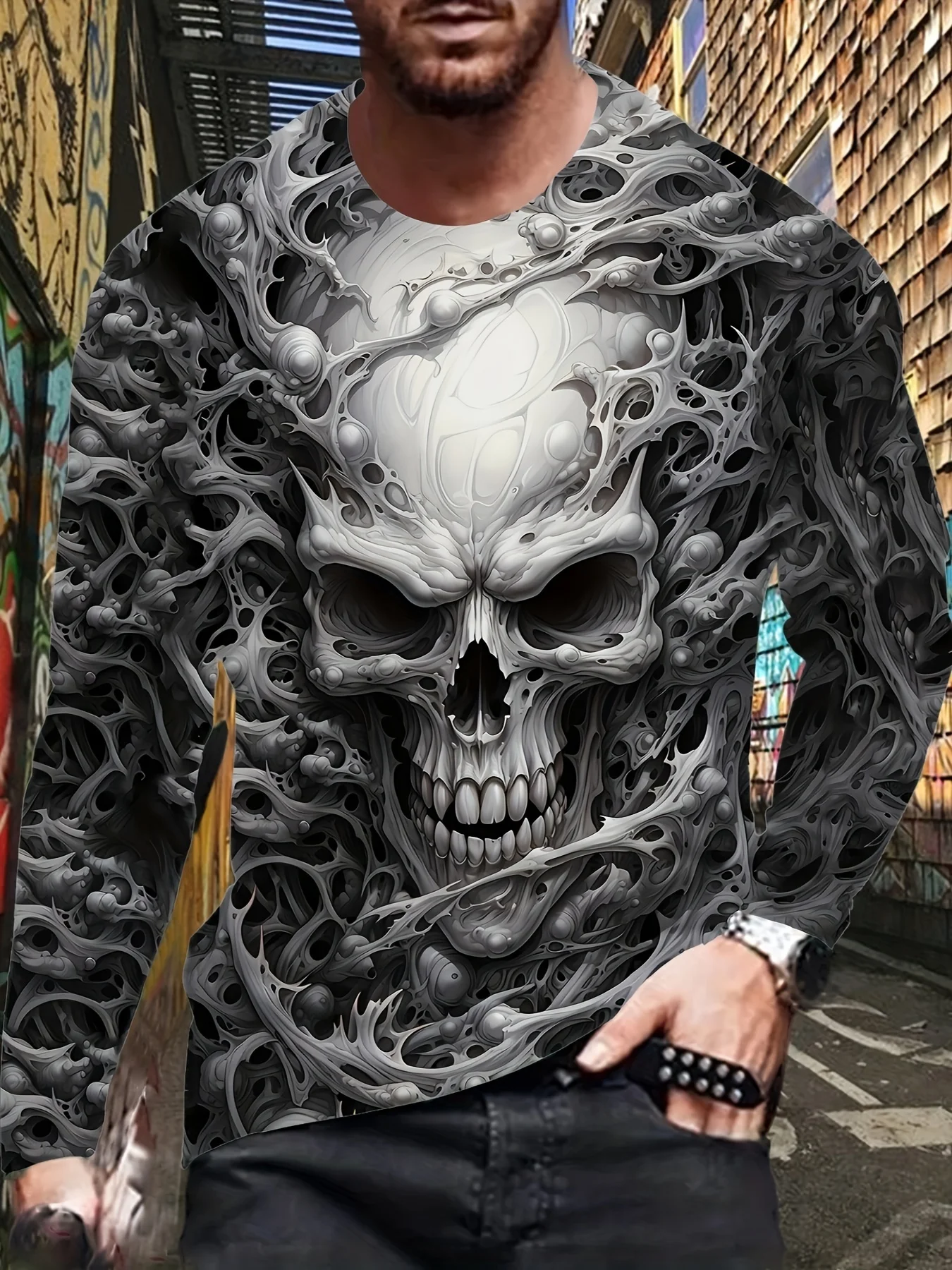 2026 new selling retro men's long sleeved skeleton 3D printing popular trendy and versatile casual O-neck long sleeved clothing