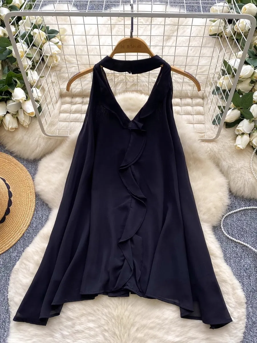 Foamlina Camicetta estiva senza maniche in chiffon con volant Camicia da donna Estetica intenzionale Scava fuori Top con scollo all'americana Camis