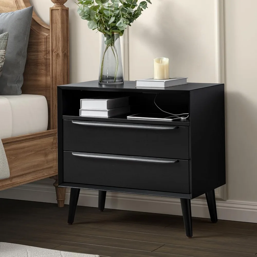 Nightstand with Charging Station, Mid-Century Modern 2 Drawer and Open Shelf Dresser for Bedroom, Fluted Bedside Table, Black