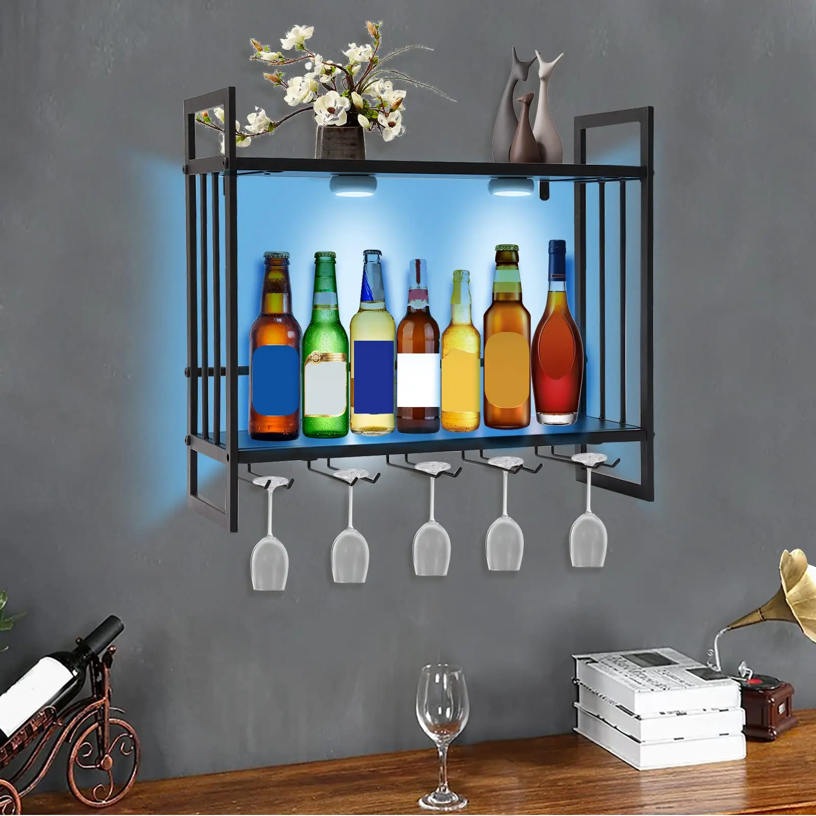 

Wall Mounted Led Wine Rack, Wine Bottle Rack, Metal Hanging Wine Holder with 5 Stemware Holders for Storing Wine Bottles, 23.6