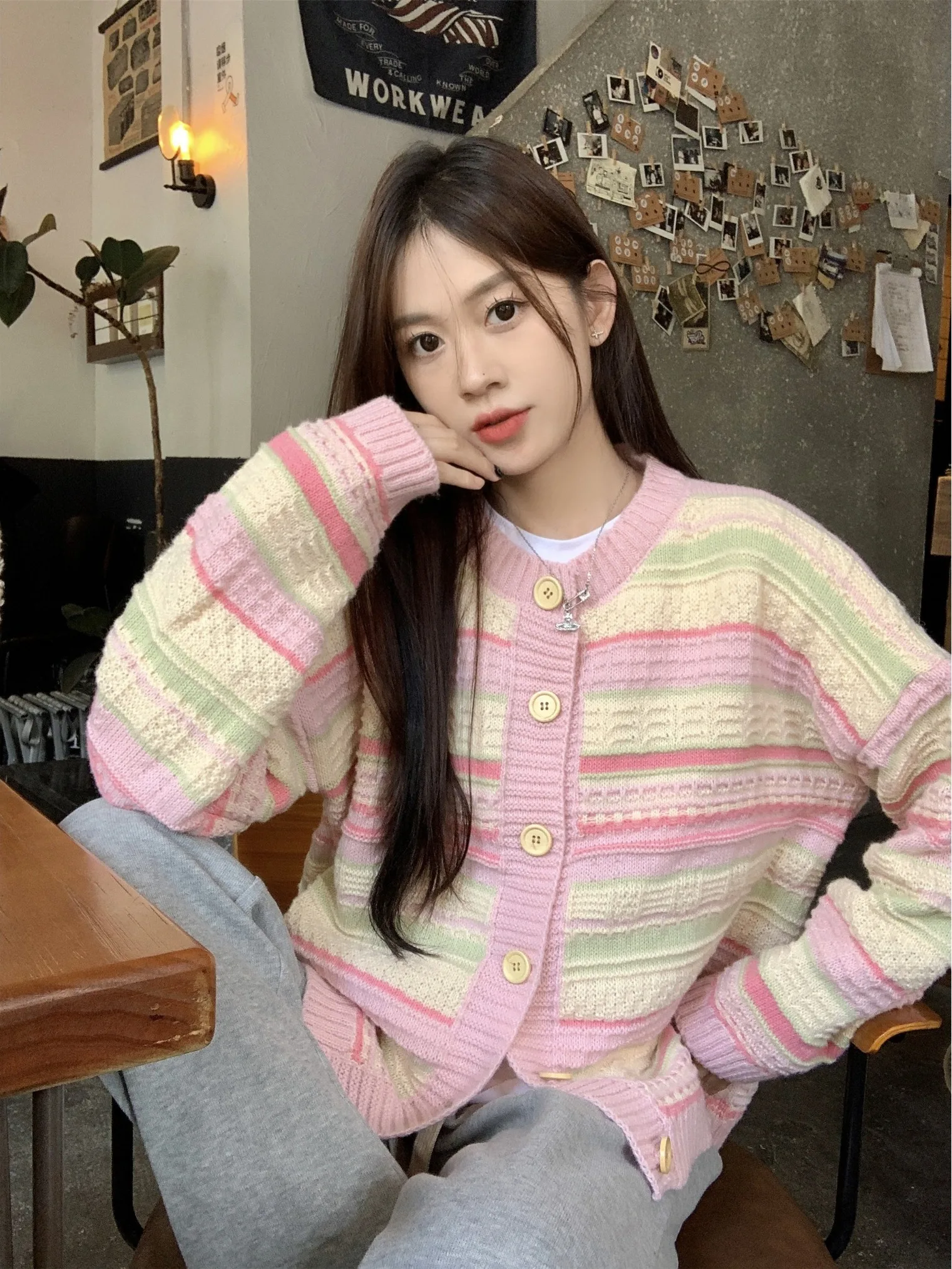 Korean Sle Striped Knitted Sweater Coat Women's Loose Slimming Lazy Sweet Top Autumn New Arrival Single Button Long Sve ...