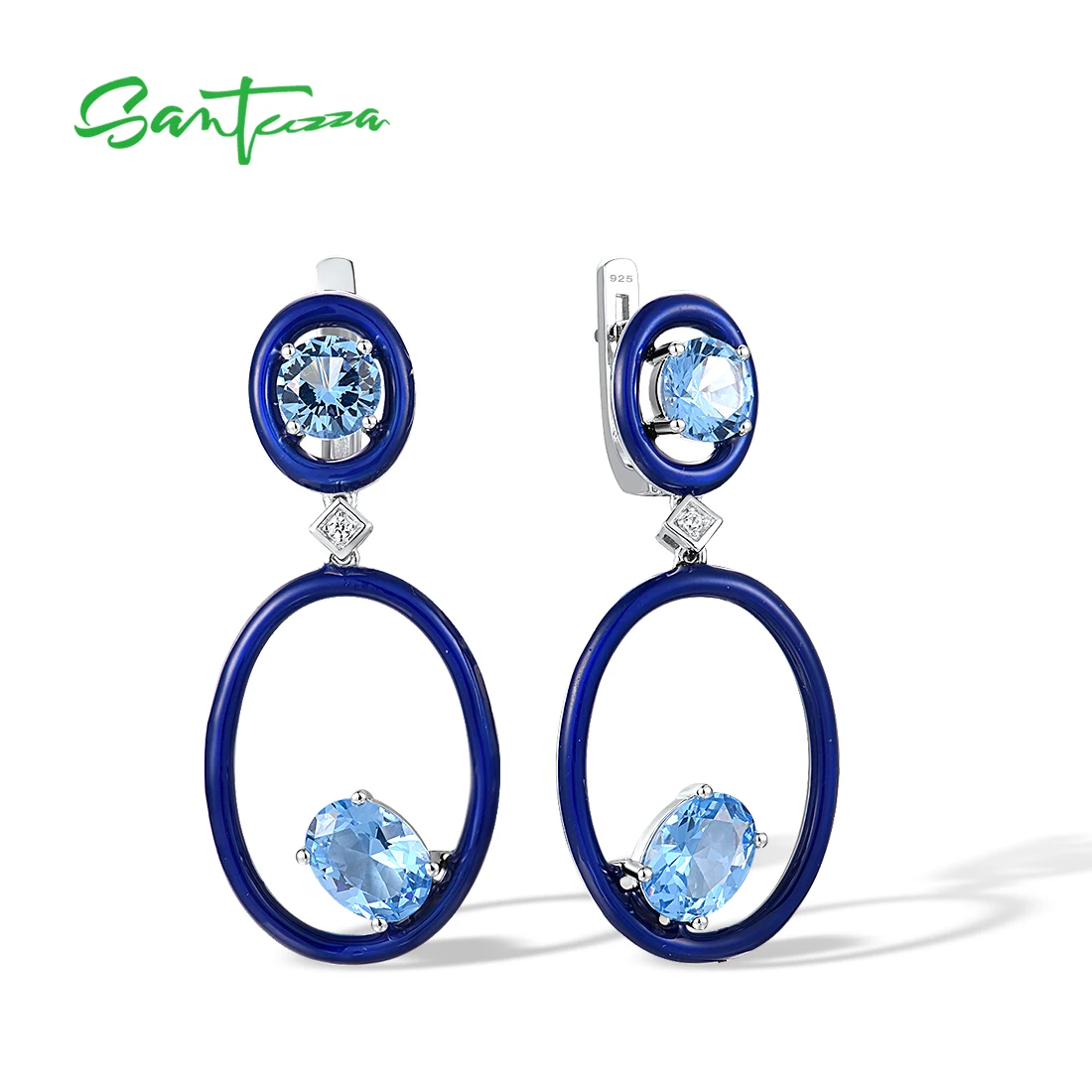 

SANTUZZA Pure 925 Sterling Silver Earrings For Women Blue Spinel White CZ Dangling Oval Trendy Fine Jewelry Handmade Enamel