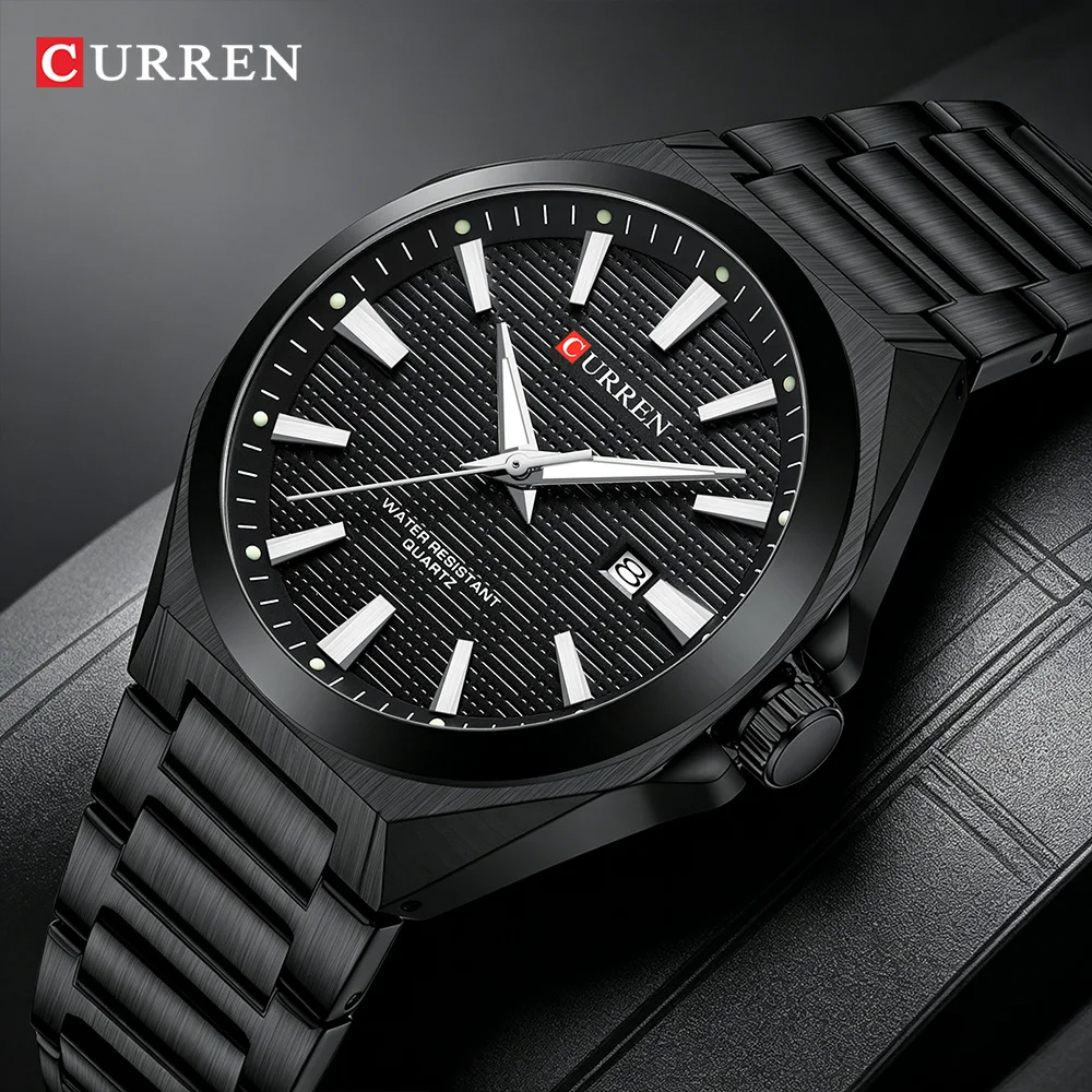 CURREN Luxus-Herren-Quarzuhr mit schwarzem Edelstahlarmband, lässiges Design-Zifferblatt mit leuchtenden Zeigern, Relogio Masculino