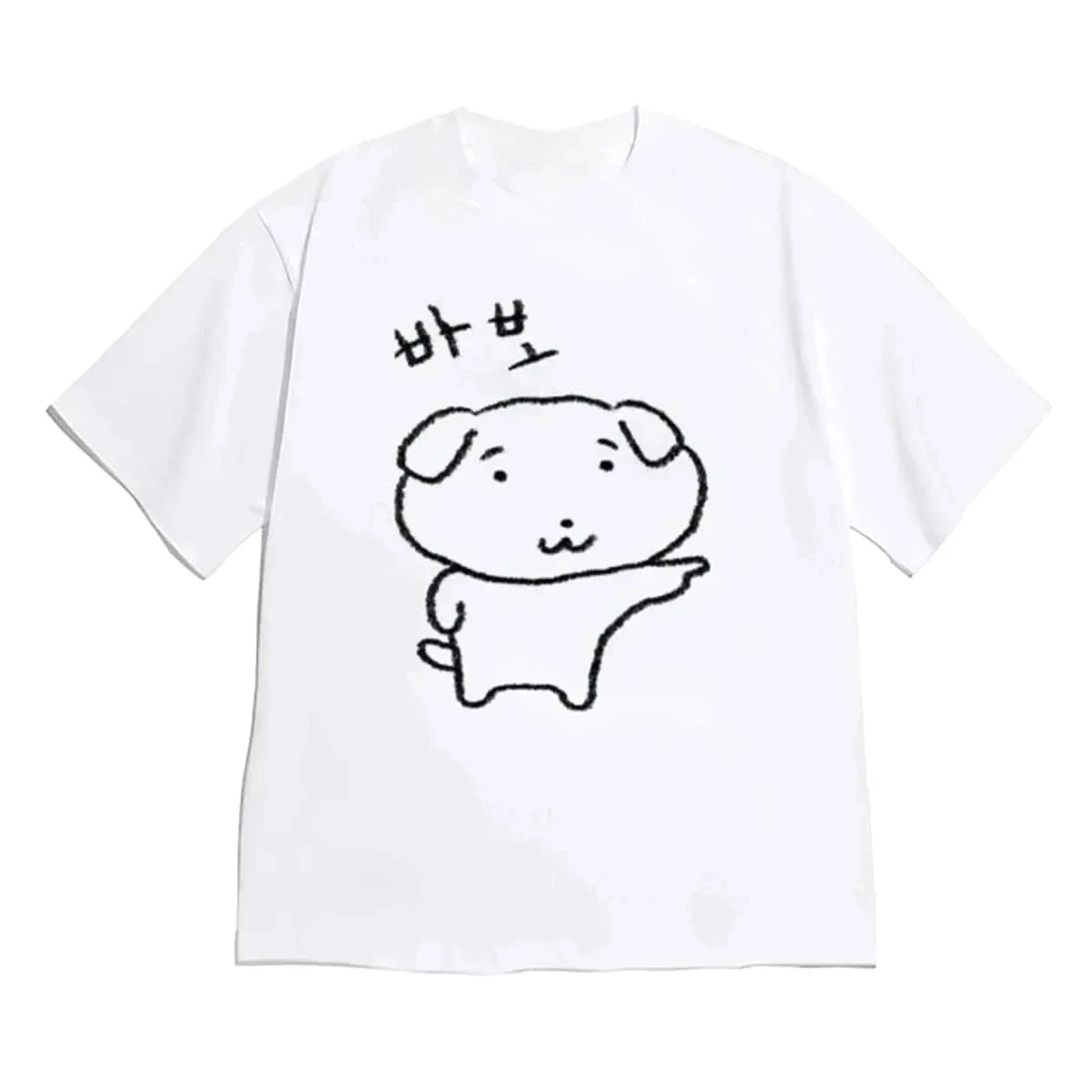 Simple Sketch Puppy Korean Hangul Letter Print Shirt Women Men Short Sleeve Kawaii Aesthetic Clothes with Many Korean Reviews