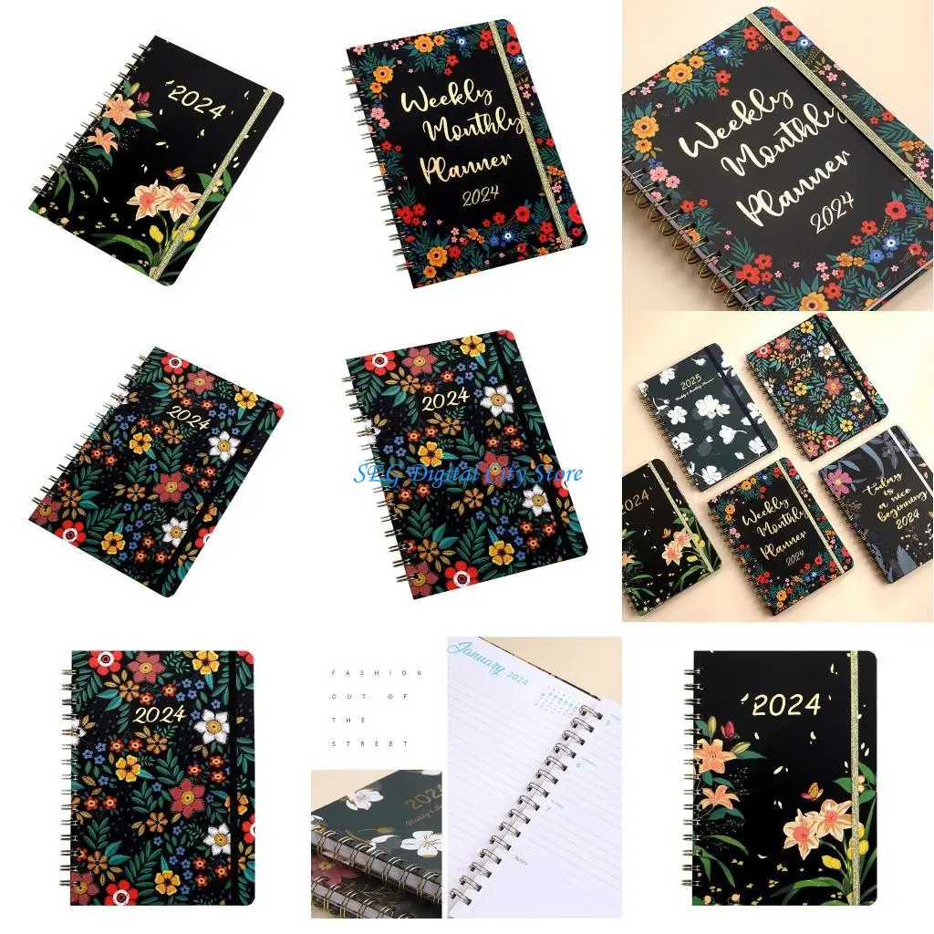 

U75B 24 Floral Planner Twin-coil Binding Weekly Monthly Planner Weekly Journal Notebook Appointment Diary for Teacher Student