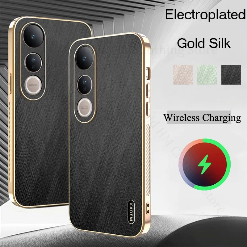 

Gold Silk Texture Phone Leather Electroplated Case For vivo V70FE V60 V50 Lite 6D Plating Charger Cover For VIVO V50 V40 V30 Pro