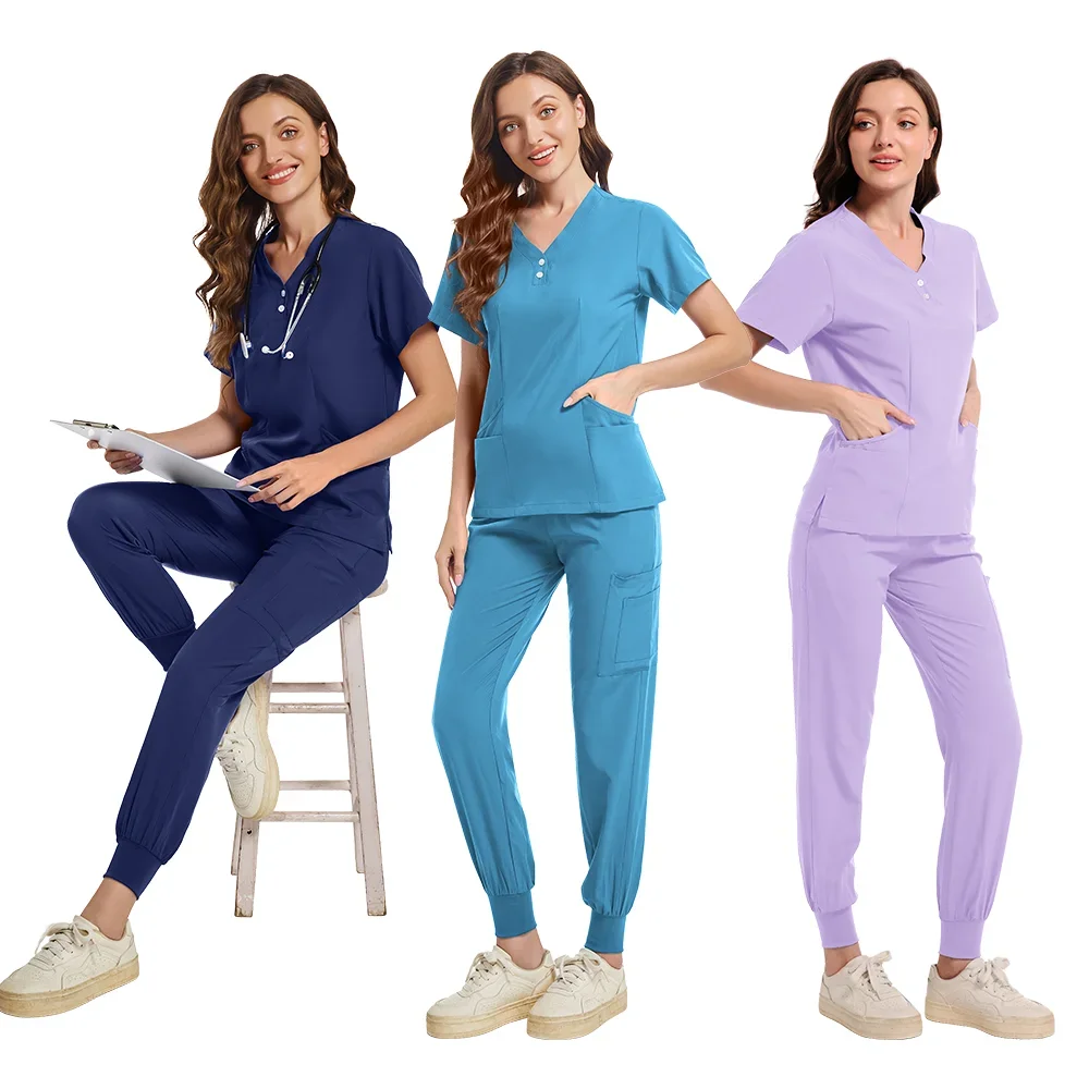 Precio al por mayor de fábrica, conjuntos de uniformes de enfermería, cintura elástica de varios colores, ropa de enfermería médica personalizada para mujeres