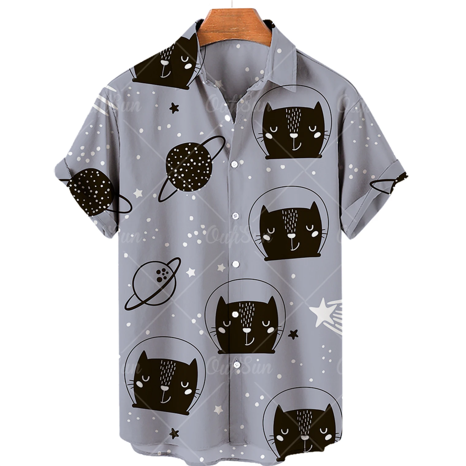 New Cute Cat Print Shirt Men Hawaiian Shirt Summer Casual Top Large Size Loose Simple Shirt Women Single Breasted Button Top 5xl